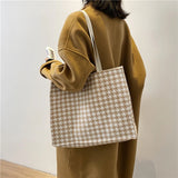 Houndstooth Print Canvas Shoulder Bag Large Capacity Totes