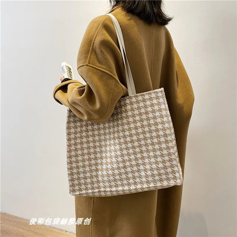 Houndstooth Print Canvas Shoulder Bag Large Capacity Totes