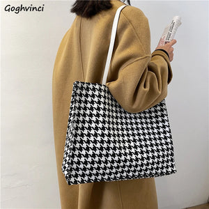 Houndstooth Print Canvas Shoulder Bag Large Capacity Totes