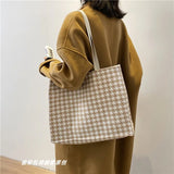 Houndstooth Print Canvas Shoulder Bag Large Capacity Totes