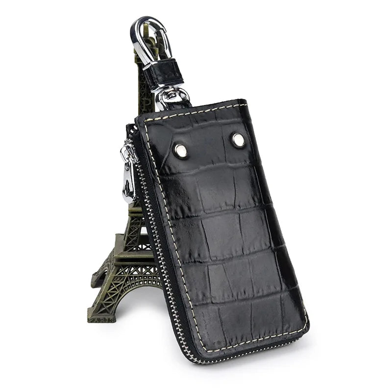 Leather Car Keychain Holder Bag Case Retro Embossing Solid Men Storage