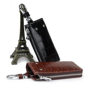 Leather Car Keychain Holder Bag Case Retro Embossing Solid Men Storage