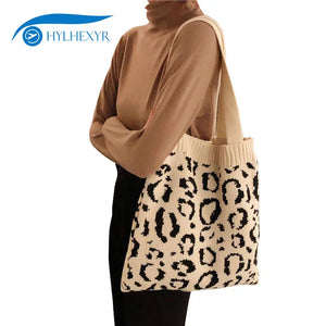 Leopard Print Knitted Shoulder Bag Foldable Tote
