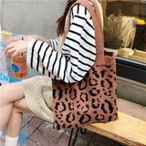 Leopard Print Knitted Shoulder Bag Foldable Tote