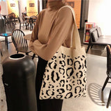 Leopard Print Knitted Shoulder Bag Foldable Tote