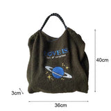 Embroidery Lamb Wool Tote Bag Shoulder Bags Drawstring Handbag