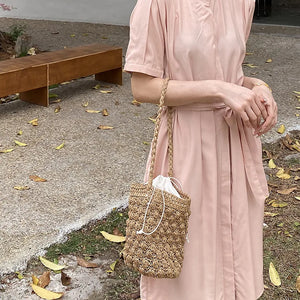 Beach Straw Shoulder Bag Bucket Tote Woven Drawstring