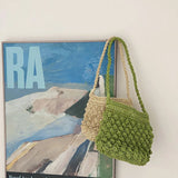 Beach Straw Shoulder Bag Bucket Tote Woven Drawstring