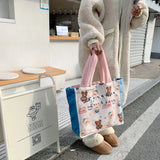 Cartoon Print Plush Hand Strap Shoulder Bag Canvas Tote Shopping Bags