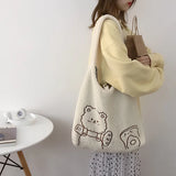 Cashmere Handbag Bear Embroidery Large Capacity Shoulder Bag Plush Soft Totes