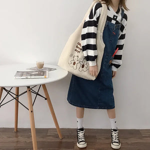 Cashmere Handbag Bear Embroidery Large Capacity Shoulder Bag Plush Soft Totes