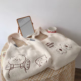 Cashmere Handbag Bear Embroidery Large Capacity Shoulder Bag Plush Soft Totes