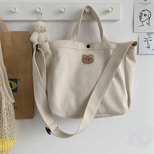 Bear Canvas Crossbody Bag Solid Shopping Handbag Adjustable Shoulder Strap