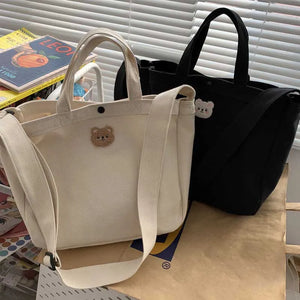 Bear Canvas Crossbody Bag Solid Shopping Handbag Adjustable Shoulder Strap