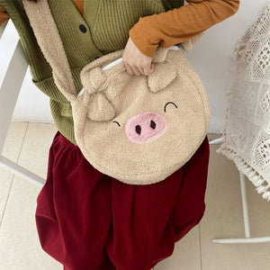 Plush Piglet Crossbody Bag Cartoon Soft Shoulder Purse With Zipper