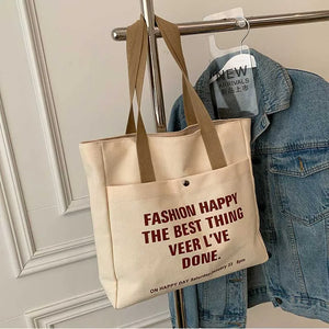 Canvas Shoulder Bag With Zipper Cotton Letter Printing Portable Tote Bags