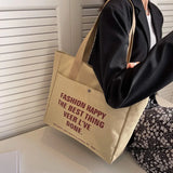 Canvas Shoulder Bag With Zipper Cotton Letter Printing Portable Tote Bags