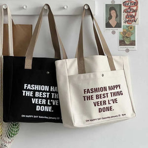 Canvas Shoulder Bag With Zipper Cotton Letter Printing Portable Tote Bags