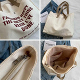 Canvas Shoulder Bag With Zipper Cotton Letter Printing Portable Tote Bags