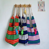 Colorful Stripe Messenger Bag Knitted Cotton Tote