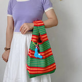 Colorful Stripe Messenger Bag Knitted Cotton Tote
