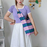 Colorful Stripe Messenger Bag Knitted Cotton Tote