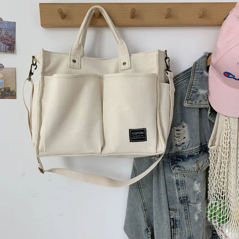 Cotton Canvas Tote Shoulder Messenger Bag with Pockets