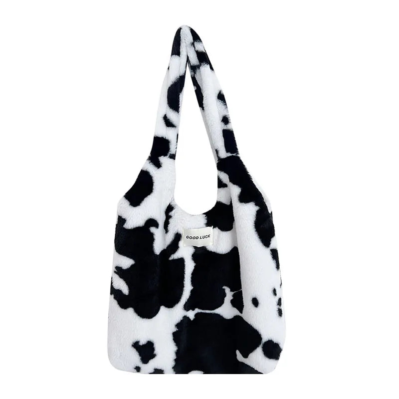 Winter Cow Print Plush Shoulder Bag for Women