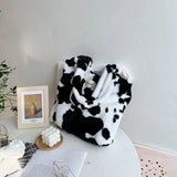 Winter Cow Print Plush Shoulder Bag for Women