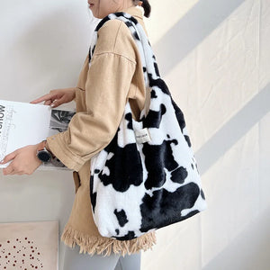 Winter Cow Print Plush Shoulder Bag for Women