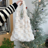 Plush Checker Shoulder Bag Lamb Wool Cosmetic Bags