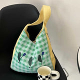 Green Plaid Canvas Tote Bag Tulip Shoulder Purse Shopping Bags for Women