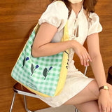 Green Plaid Canvas Tote Bag Tulip Shoulder Purse Shopping Bags for Women