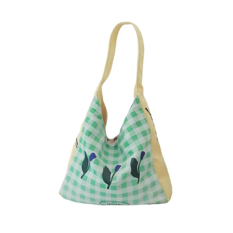 Green Plaid Canvas Tote Bag Tulip Shoulder Purse Shopping Bags for Women