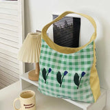 Green Plaid Canvas Tote Bag Tulip Shoulder Purse Shopping Bags for Women