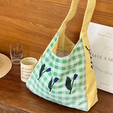 Green Plaid Canvas Tote Bag Tulip Shoulder Purse Shopping Bags for Women