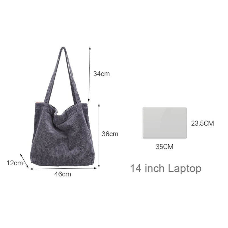 Corduroy Tote Shoulder Bag Retro Casual Solid Color Handbag