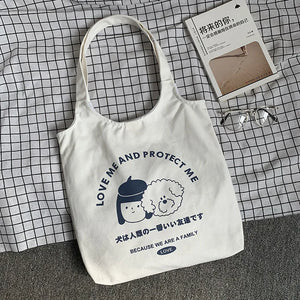 Cartoon Dog Pattern Canvas Tote Bag Eco-Friendly Shopping Bag for Women