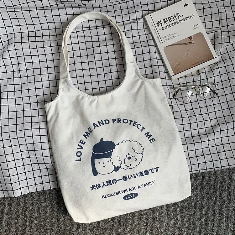 Cartoon Dog Pattern Canvas Tote Bag Eco-Friendly Shopping Bag for Women