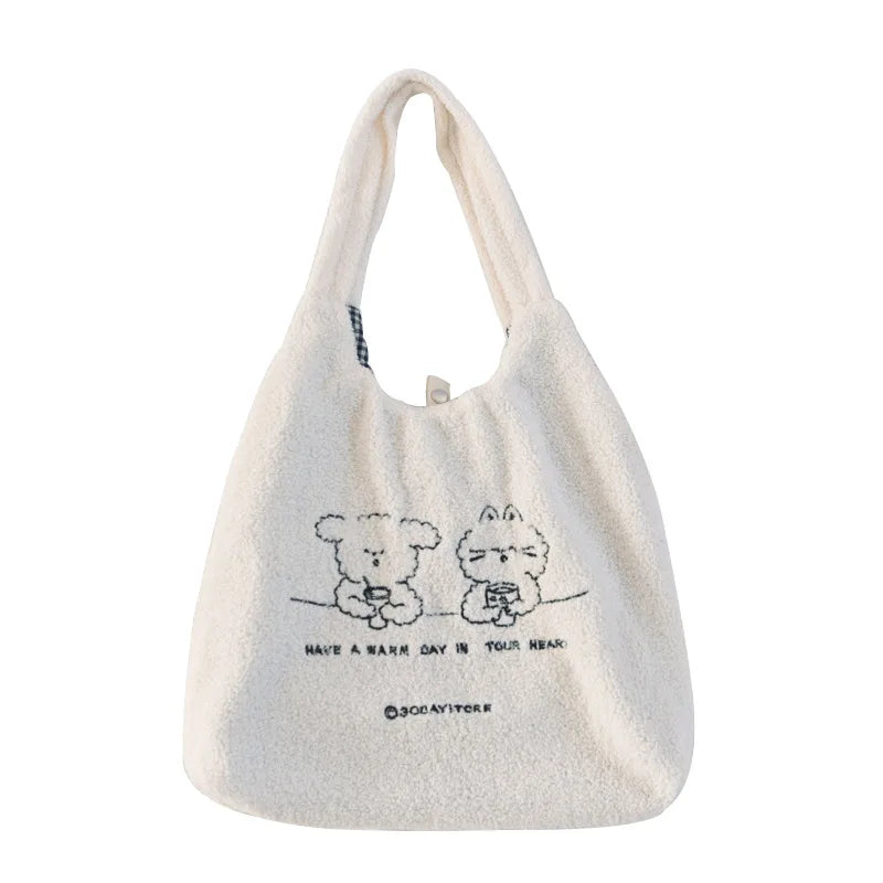 Lamb Faux Fur Women Shoulder Bag Plush Cloth Fabric Cartoon Handbag