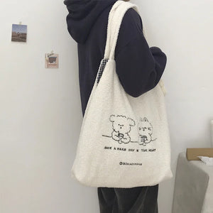 Lamb Faux Fur Women Shoulder Bag Plush Cloth Fabric Cartoon Handbag