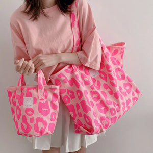 Pink Leopard Shoulder Bag Large Capacity Casual Totes Ladies Canvas Bags