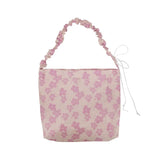 Pink Flower Pleated Handbag Single Shoulder Bag Casual Totes