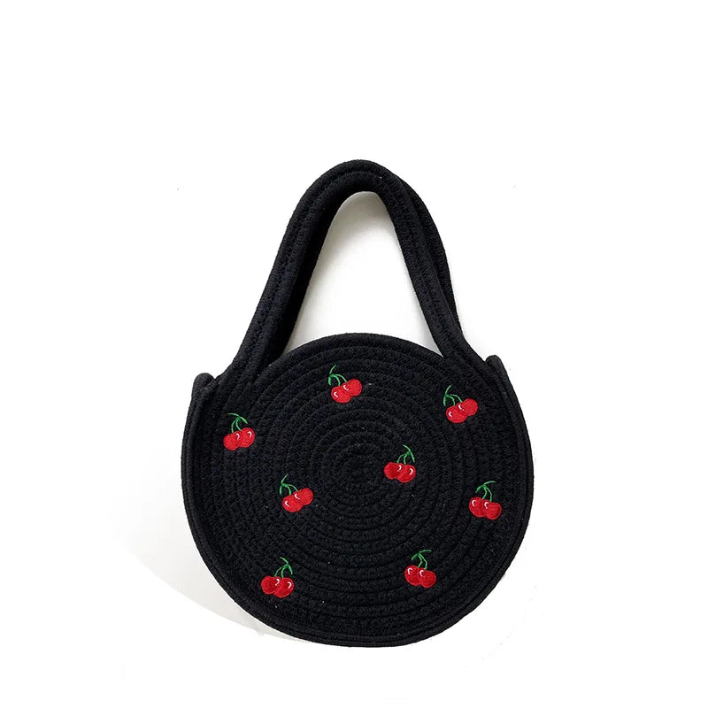 Cherry Embroidery Handbag Round Woven Tote Summer Straw Bag