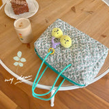Quilted Cotton Shoulder Bag Green Flowers Large Capacity Handbag
