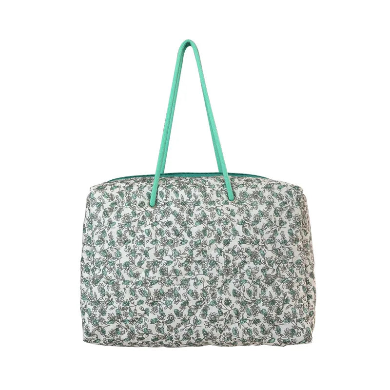 Quilted Cotton Shoulder Bag Green Flowers Large Capacity Handbag