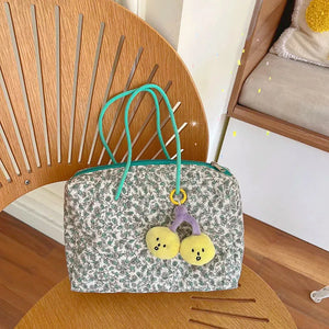 Quilted Cotton Shoulder Bag Green Flowers Large Capacity Handbag