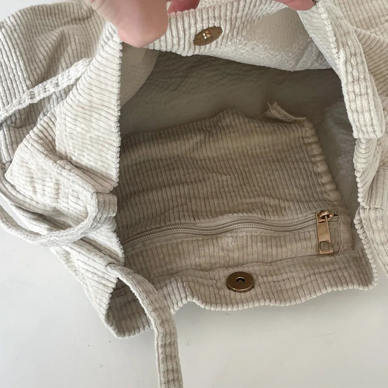 Corduroy Tote Shoulder Bag with Front Phone Pockets