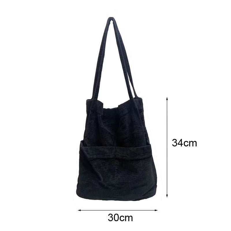 Corduroy Tote Shoulder Bag with Front Phone Pockets