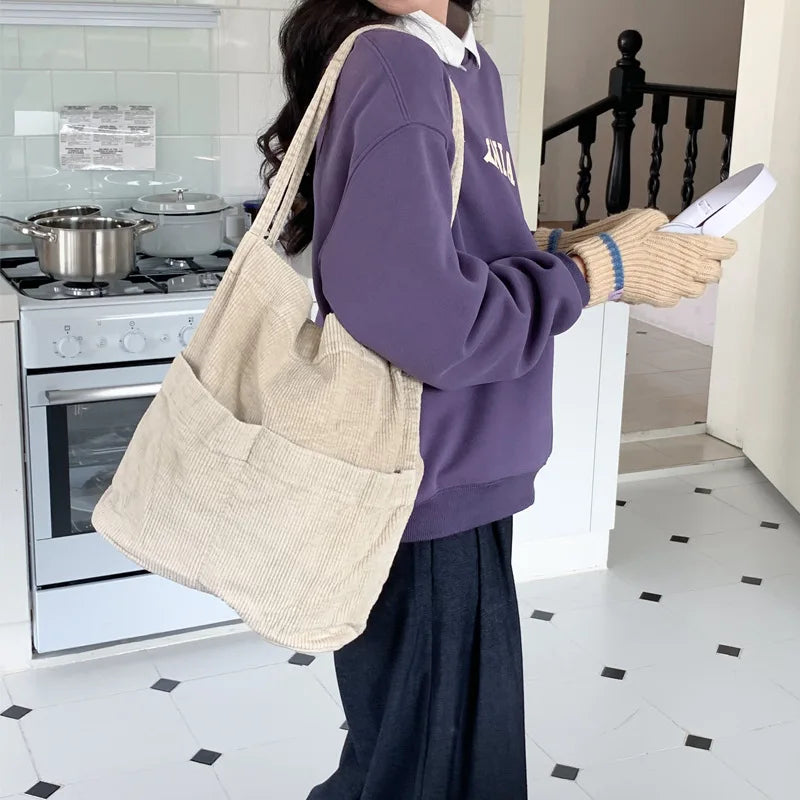 Corduroy Tote Shoulder Bag with Front Phone Pockets